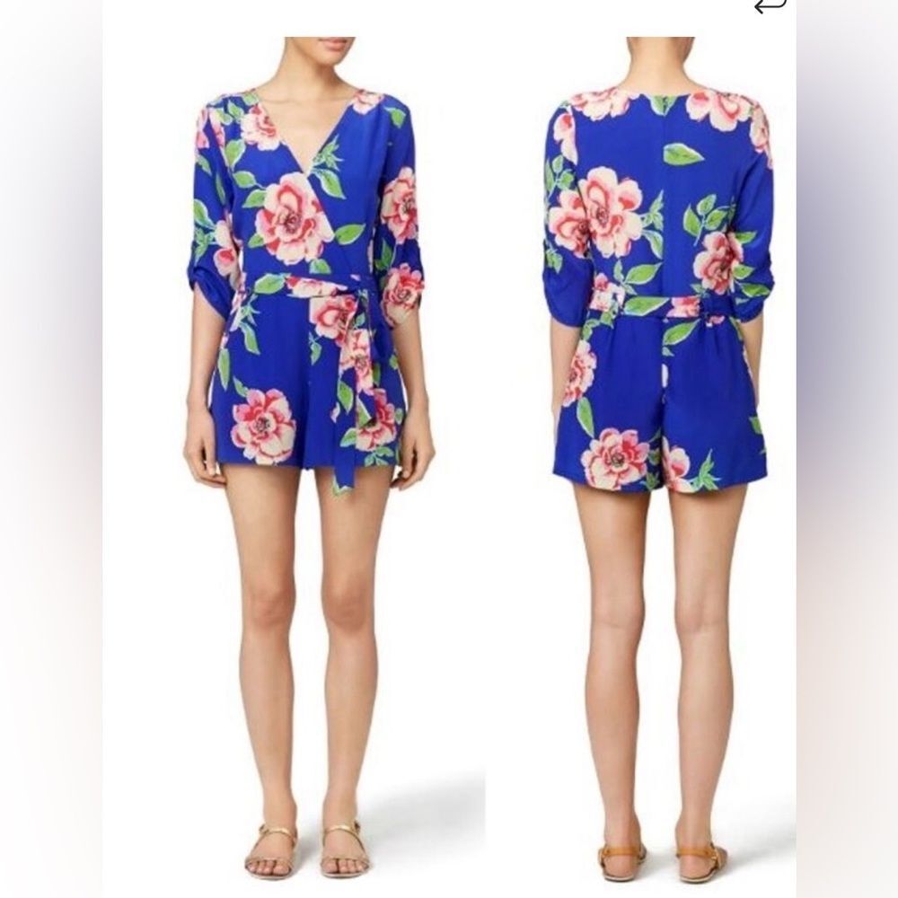 Yumi Kim Silk Floral Tropical Print Romper V Neck Tie Waist Small Blue Pink